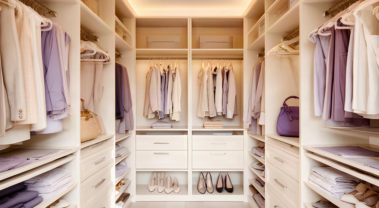 Vestidor ordenado de una pareja en Pilar, con doble barra, cajoneras claras y zapatos organizados