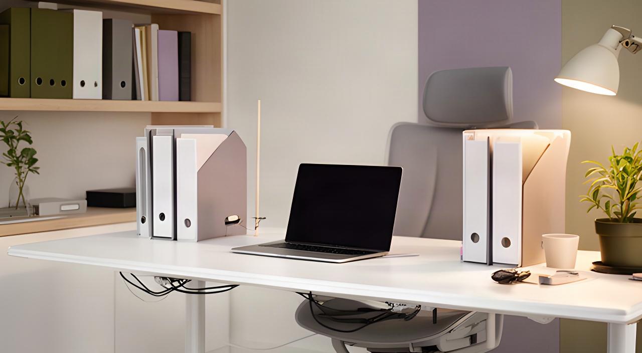 Home office minimalista con escritorio despejado, cables ocultos y archivadores verticales
