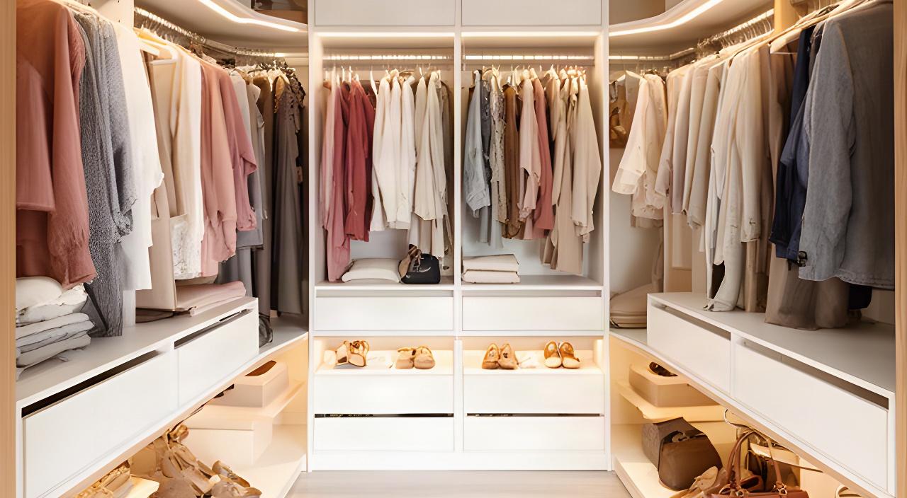 Vestidor de pareja terminado en Pilar, con ropa separada por categorías y cajones etiquetados