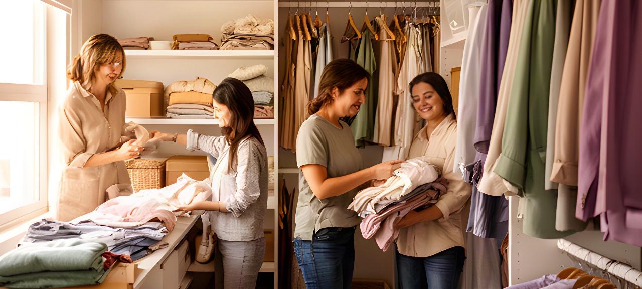 Equipo de organización trabajando en un vestidor residencial de Capilla del Señor junto a cajas y percheros