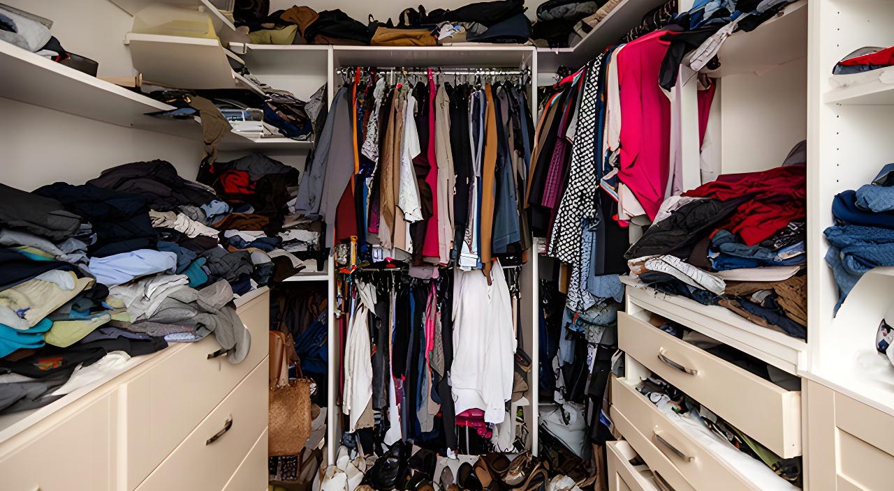 Vestidor de Pilar antes de la organización, con ropa amontonada y estantes sin separar