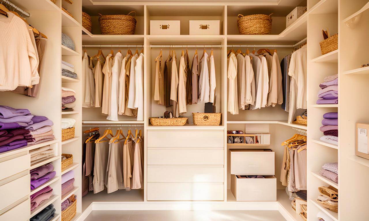 Vestidor luminoso en una casa de Capilla del Señor con ropa doblada, perchas ordenadas y cajas etiquetadas